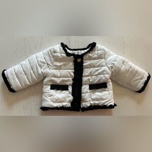 Baby White and Black Quilted Puffer Jacket With Gold Buttons, 12M